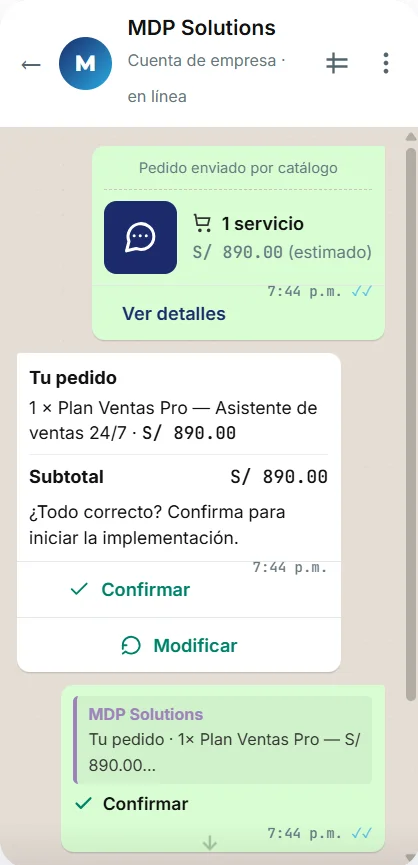 Captura del flujo del chatbot: 1 · Catálogo de servicios