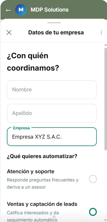 Captura del flujo del chatbot: 2 · Formulario nativo (WhatsApp Flow)