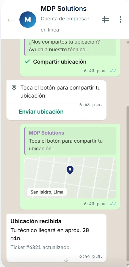 Captura del flujo del chatbot: 3 · Ubicación para servicio en sitio